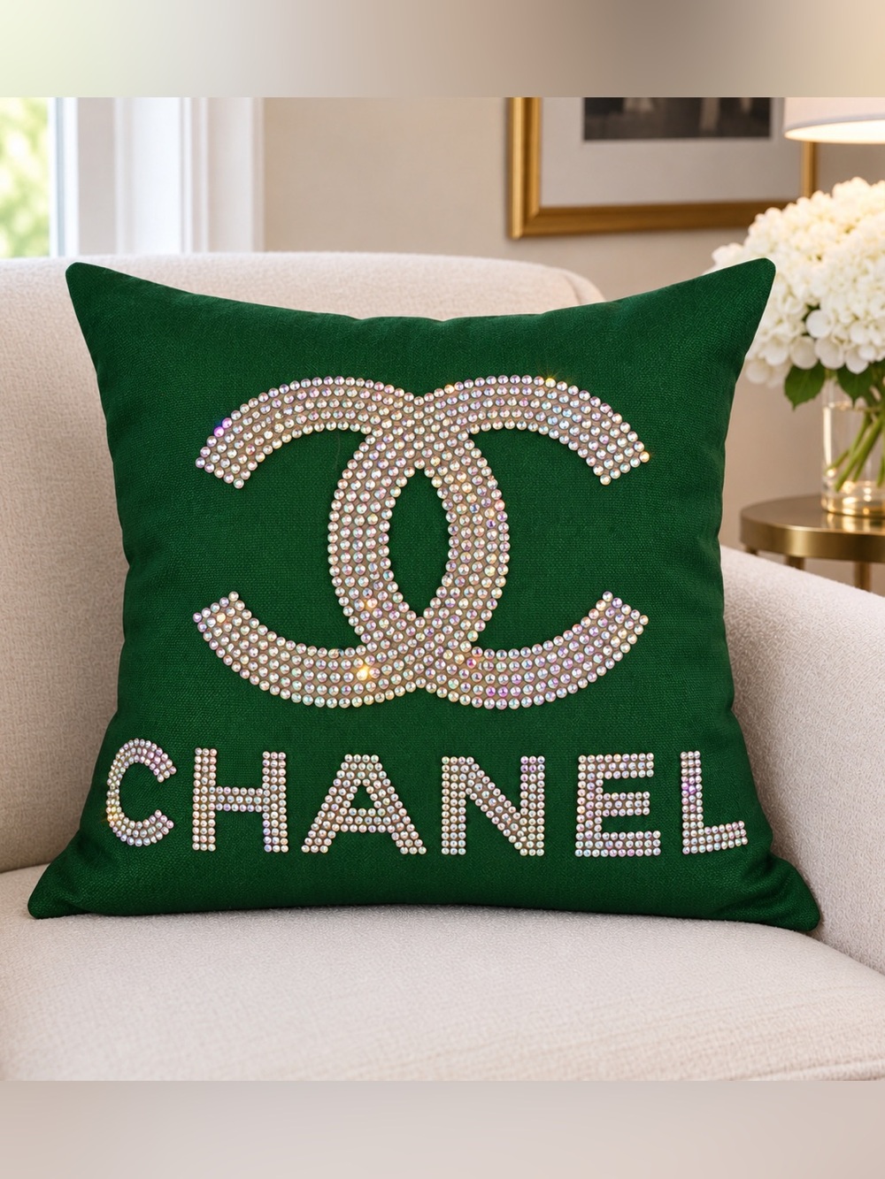 Green Rhinestone CC Logo CHANEL Style Glam Decorative Throw Pillow
